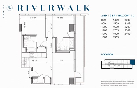 Floor plan for 2 beds, 2 baths, 988 sqft